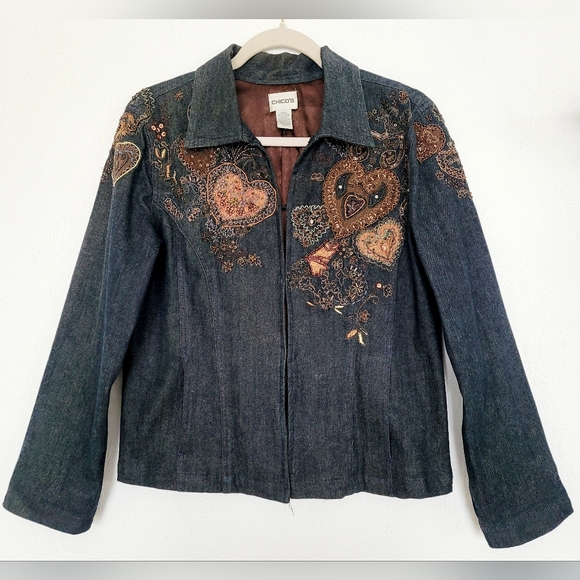 Chico's Women's Dark Blue Denim Embroidered Beaded Jacket 99%Cotton 1/Small - Picture 2 of 16